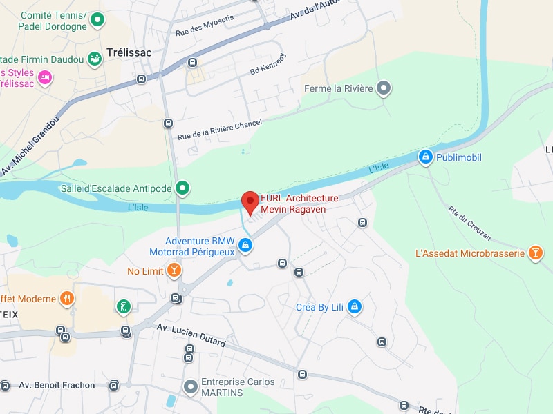 EURL Architecture Mevin Ragaven - Plan d'accès Trélissac Carte de Trélissac montrant l'emplacement de EURL Architecture Mevin Ragaven au bord de la rivière l'Isle.